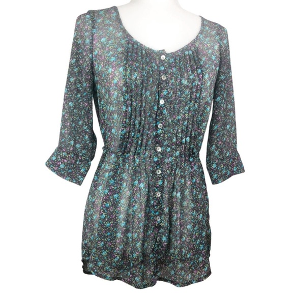 Sound & Matter Women’s Cottagecore Floral Button Down Sheer 3/4 Sleeve Blouse - Picture 6 of 16